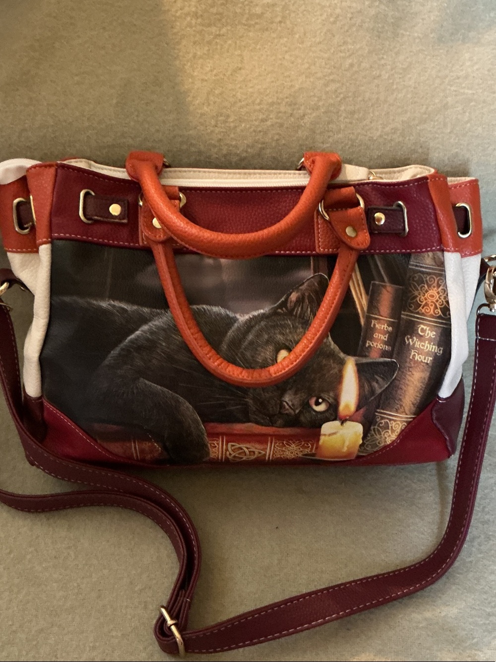 The Bradford Exchange Black Cat Satchel in Burgundy, Orange and Cream - Picture 2 of 9